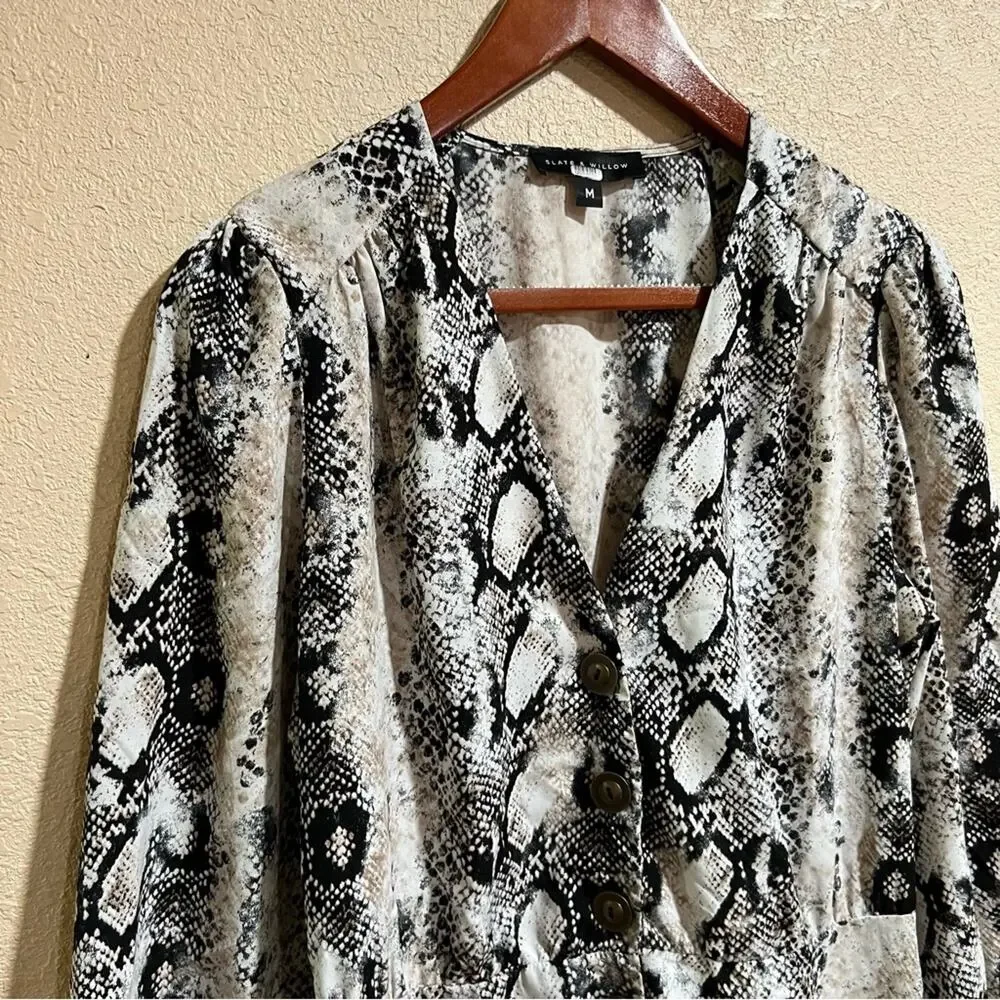 Slate & Willow Python Snake Puff Sleeve Lightweight Button Front Dress_5